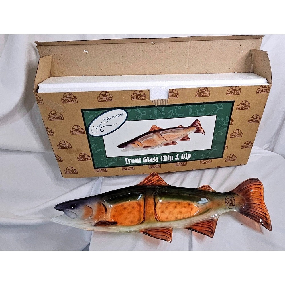 Big Sky Carvers Clear Streams Trout Glass Chip & Dip Platter Serving Dish 20.5in